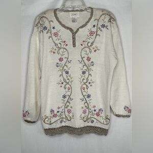 Jenny Vintage Sweater‎ Ivory Crochet Floral Embroidered Pullover Boho Sz M